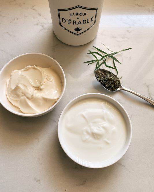 maple syrup jar, fresh and dry tarragon, mayonnaise, yogourt