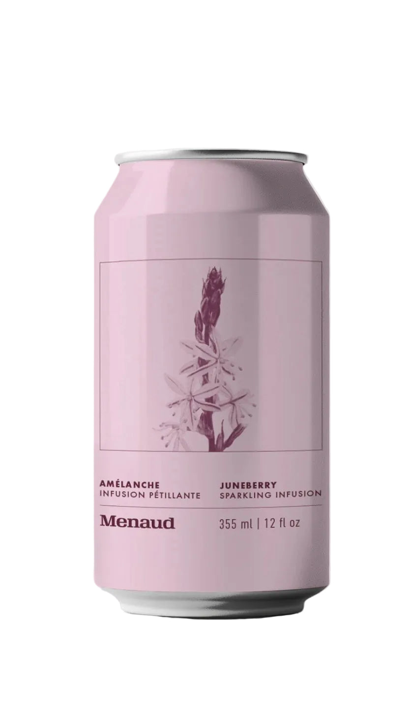 A pink Menaud sparkling infusion can with a floral illustration and text reading Amélanche Infusion Pétillante and Juneberry Sparkling Infusion, shown on a whitebackground.