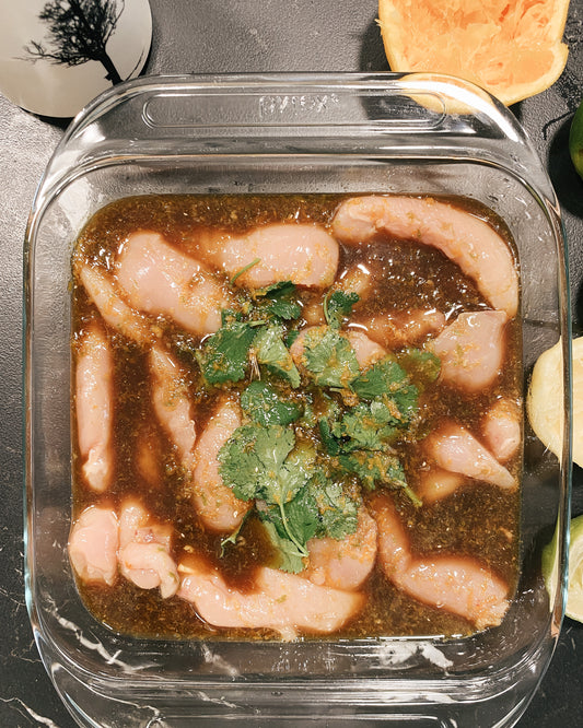 maple syrup marinated chicken strips and coriander