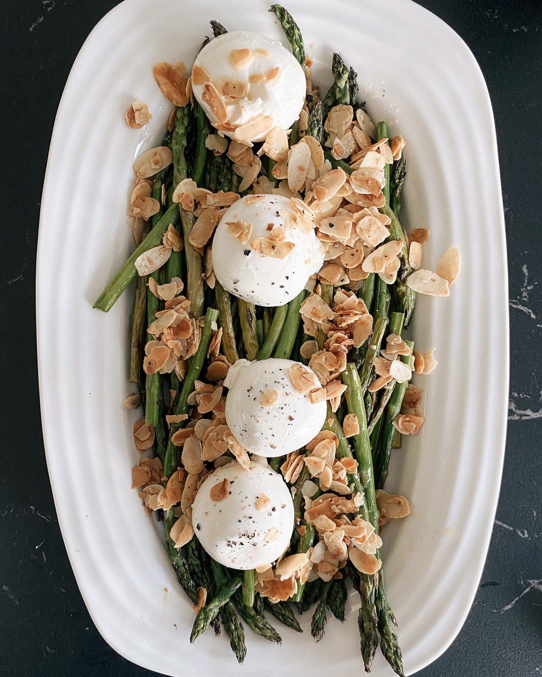asparagus salad with burrata, almonds, and maple syrup dressing