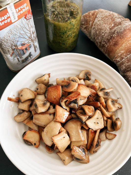 grilled mushrooms, pesto, bread and maple syrup tin