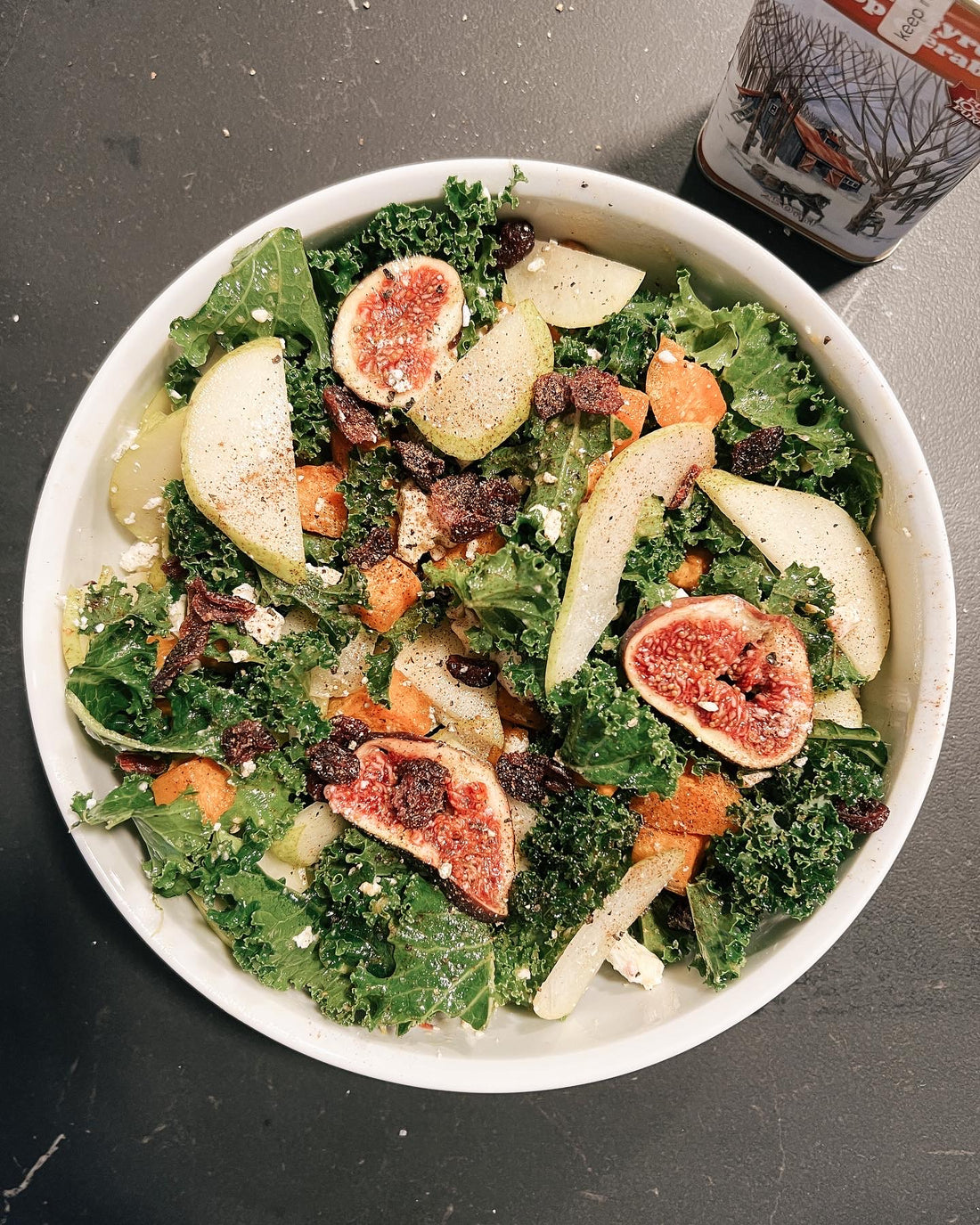 maple syrup tin and kale salad with pears, sweet potatoes, and maple dressing