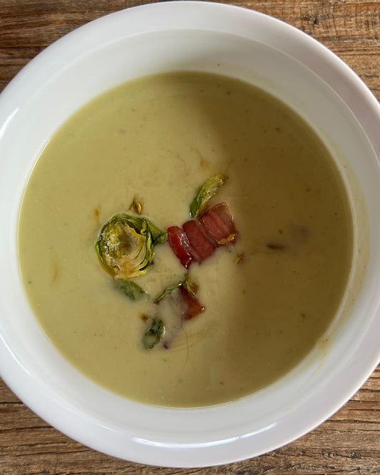 brussels sprout soup and maple+pancetta garnish