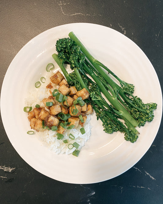 caramelized maple tofu, rice, and brocolini