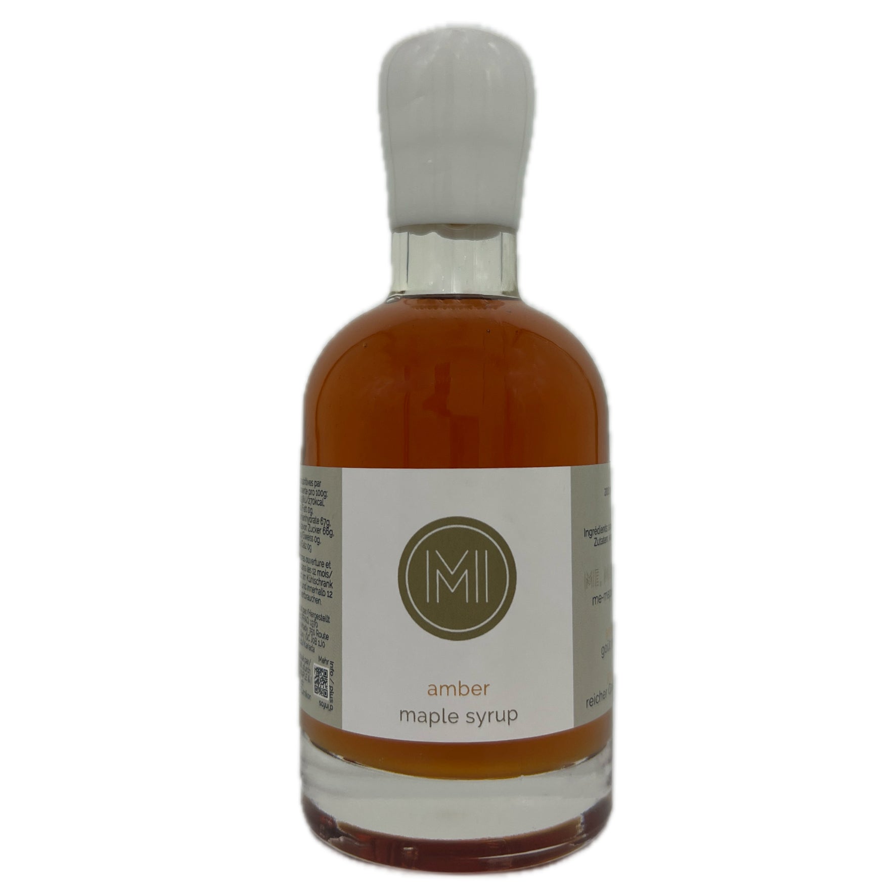 A bottle of amber maple syrup with a white label and a white stopper, shown against a plain white background.