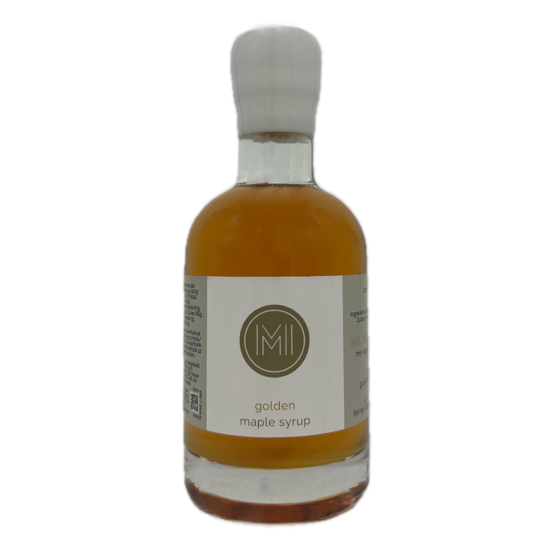 A bottle of golden maple syrup with amber liquid inside, a white cap, and a white label featuring a circular 'MI' logo and the text 'golden maple syrup'.