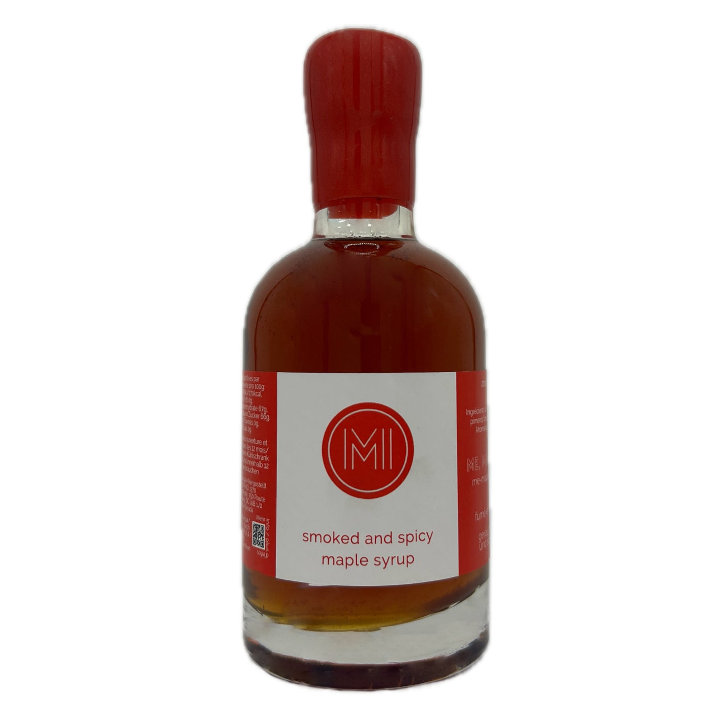 A bottle of smoked and spicy maple syrup with a red cap and a white label featuring a red circular 'MI' logo, set against a plain white background.