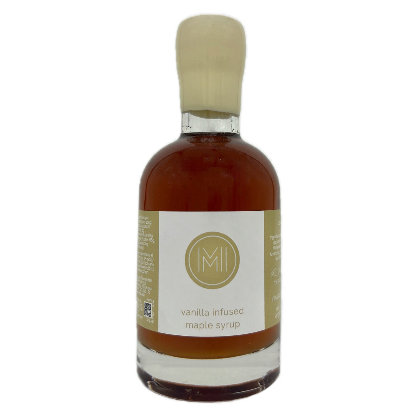 A bottle of vanilla infused maple syrup with amber liquid inside, a white label with a beige logo, and a beige cap, shown on a plain white background.