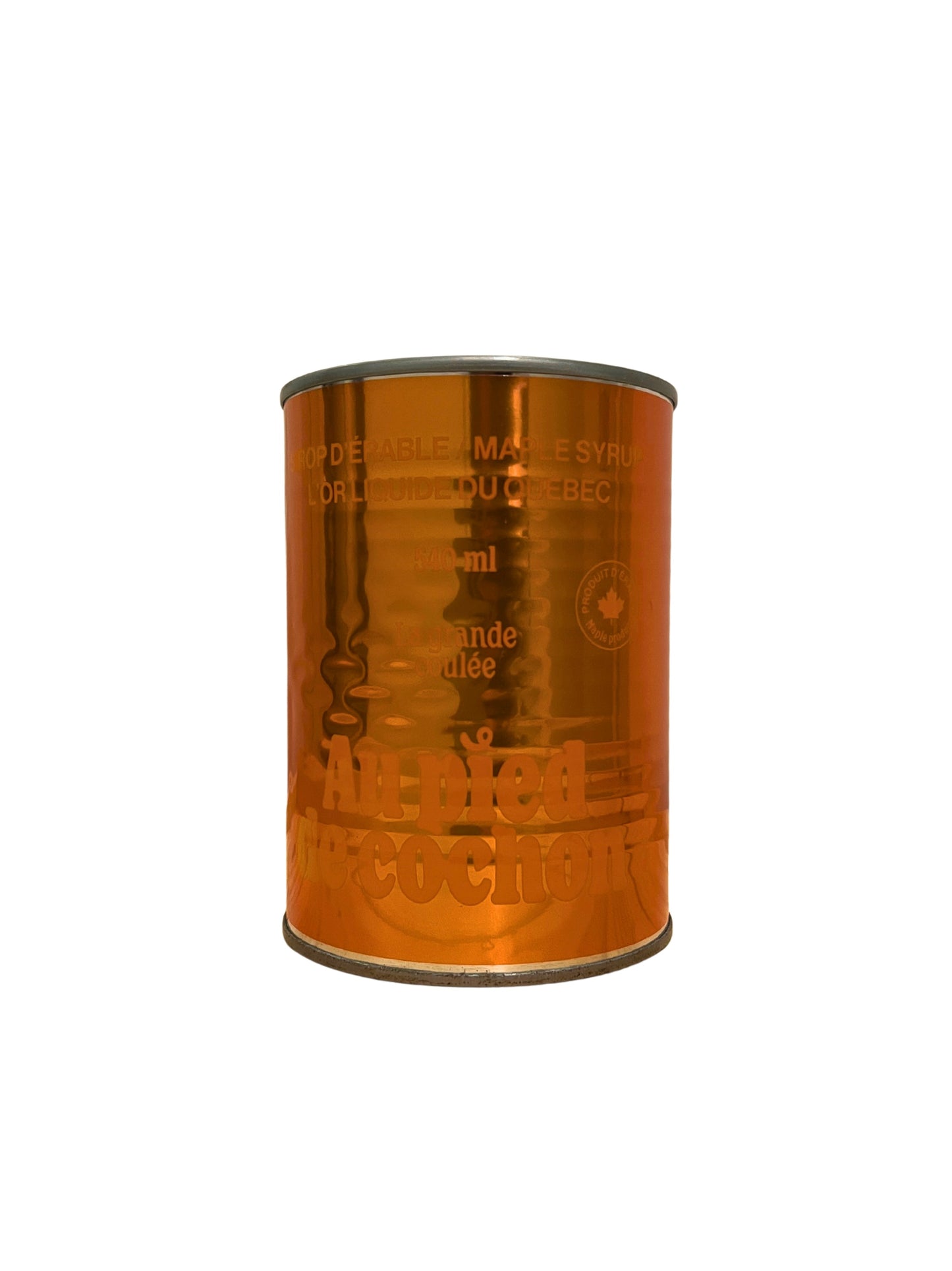 Bright metallic orange maple syrup can  with text on a white background