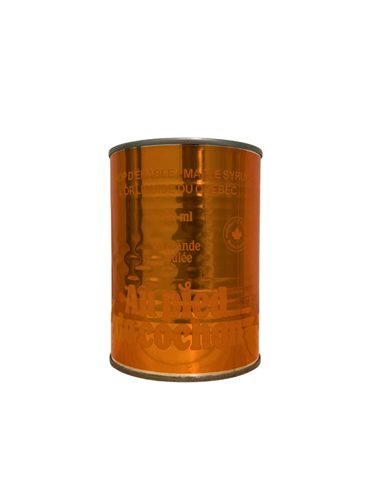 Bright metallic orange maple syrup can  with text on a white background