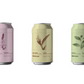Three slim aluminum cans of Monasoul beverage arranged side by side on a plain white background. The left can is light pink with a floral illustration, the middle can is pale yellow-beige with a botanical illustration, and the right can is pale green with a leaf illustration.