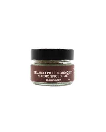 A small glass jar of Nordic Spiced Salt from sel St-Laurent with a black lid and a brown label, centered on a plain white background.