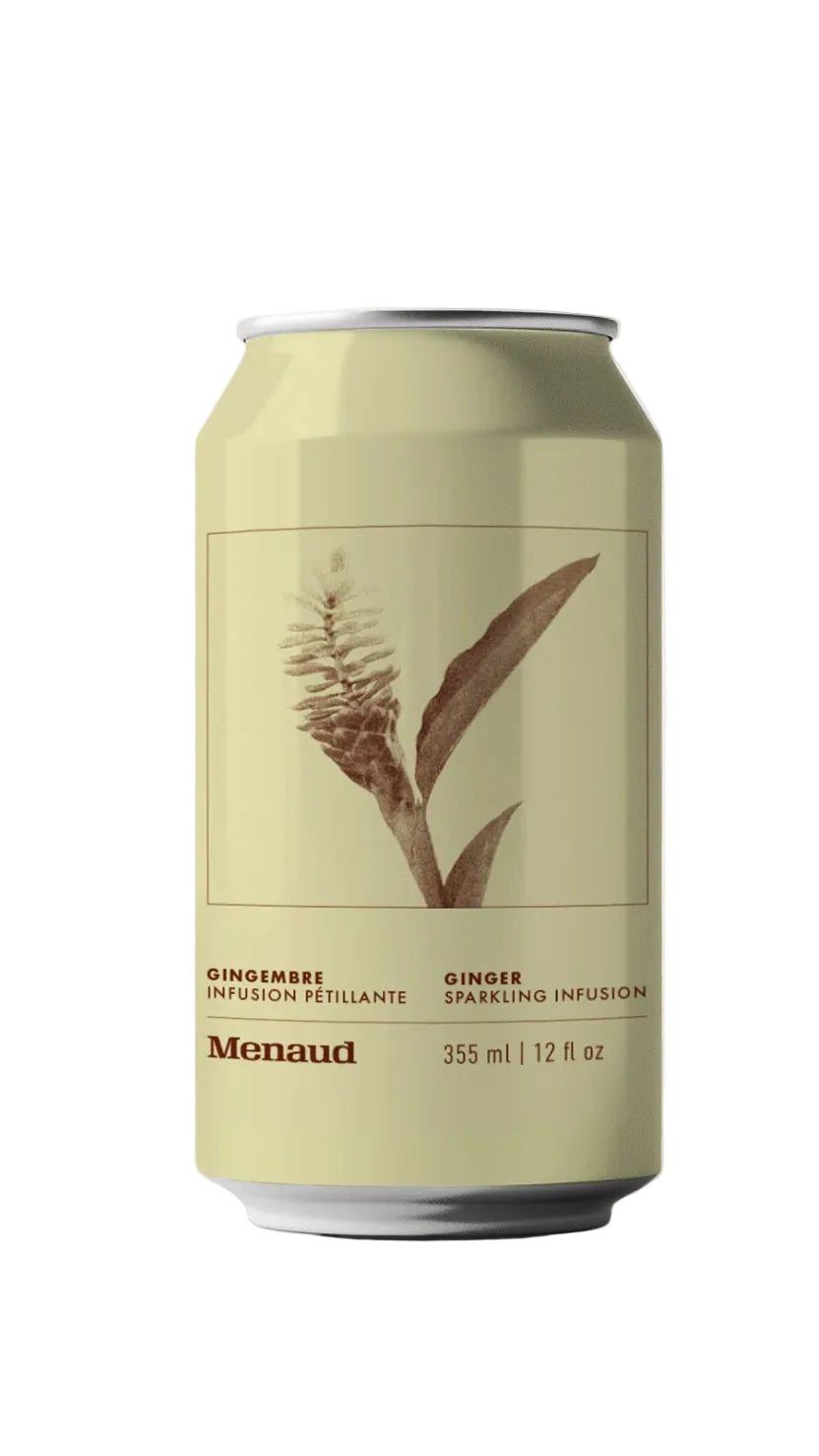 A 355 ml aluminum can of Menaud Ginger Infusion sparkling beverage, featuring a pale yellow-green label with a sepia botanical illustration of a ginger root and leaves. 