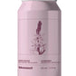 A pink Menaud sparkling infusion can with a floral illustration and text reading Amélanche Infusion Pétillante and Juneberry Sparkling Infusion, shown on a whitebackground.