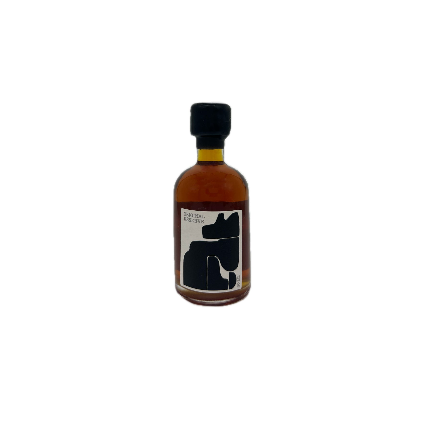An amber maple syrup in a small glass bottle with a black cap and a white label featuring a bold black graphic, centered on a plain white background.